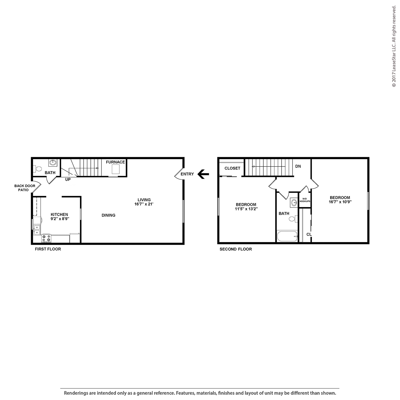 A floor plan of a two-story home with a first floor and a second floor.